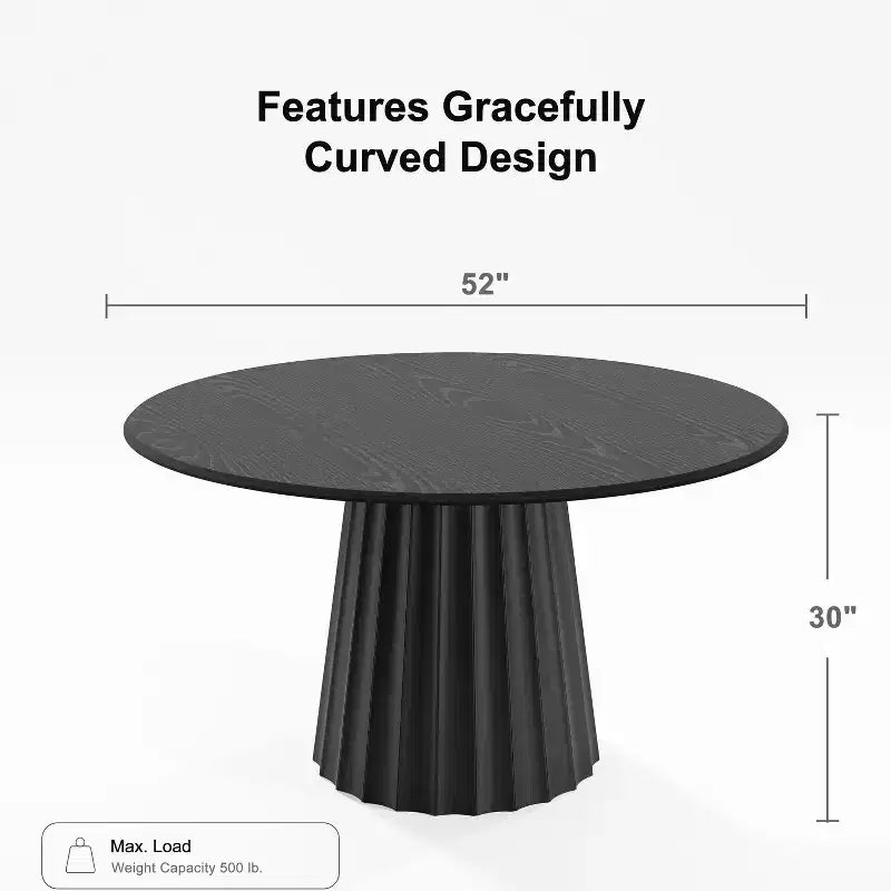 Table de salle à manger ronde noire sur pied, 4 à 6 places, base cannelée, 132 cm