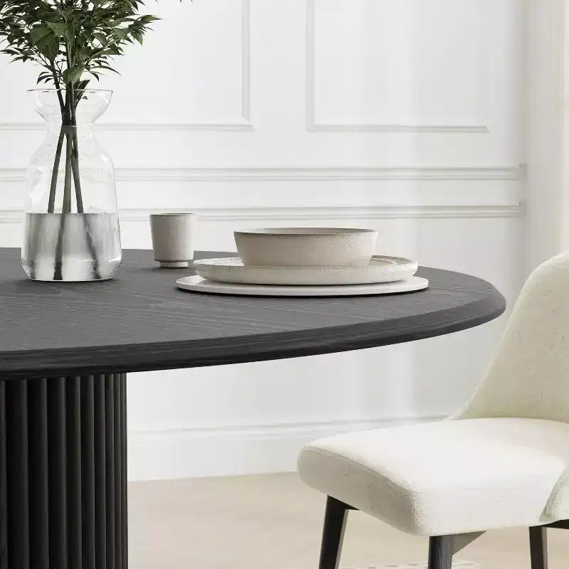 Table de salle à manger ronde noire sur pied, 4 à 6 places, base cannelée, 132 cm