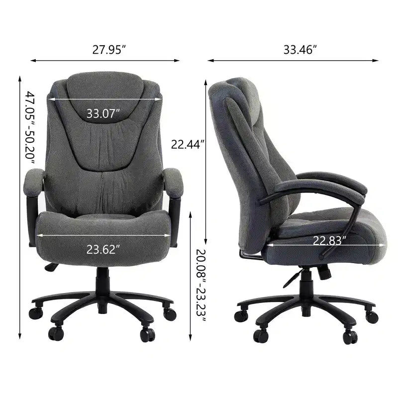 Chaise de bureau noire/grise à dossier haut avec revêtement en coton, hauteur réglable, roulettes – 1 personne