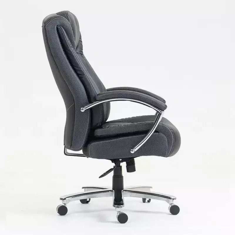 Chaise de bureau noire/grise à dossier haut avec revêtement en coton, hauteur réglable, roulettes – 1 personne
