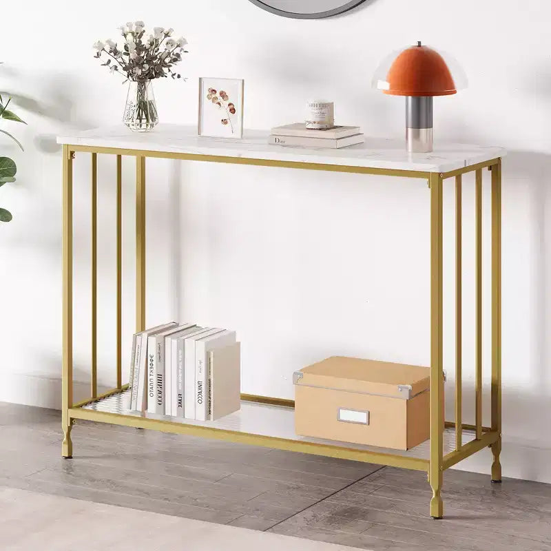 Console étroite à plateau en bois gris et cadre en métal, style sofa/couloir, usage unique