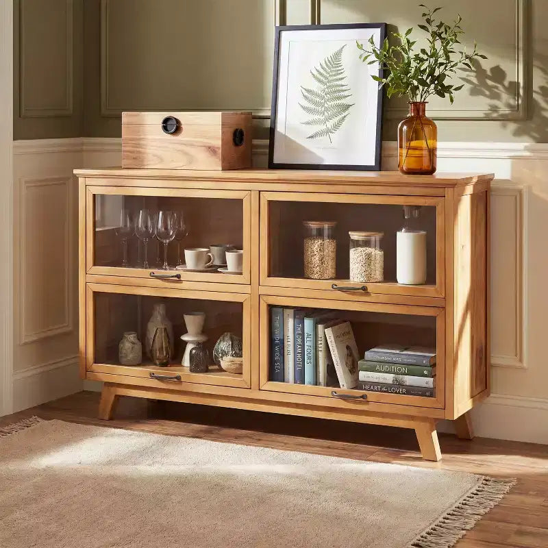 Bahut vitré 4 portes en chêne naturel, style scandinave moderne du milieu du siècle