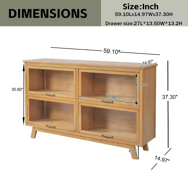 Bahut vitré 4 portes en chêne naturel, style scandinave moderne du milieu du siècle