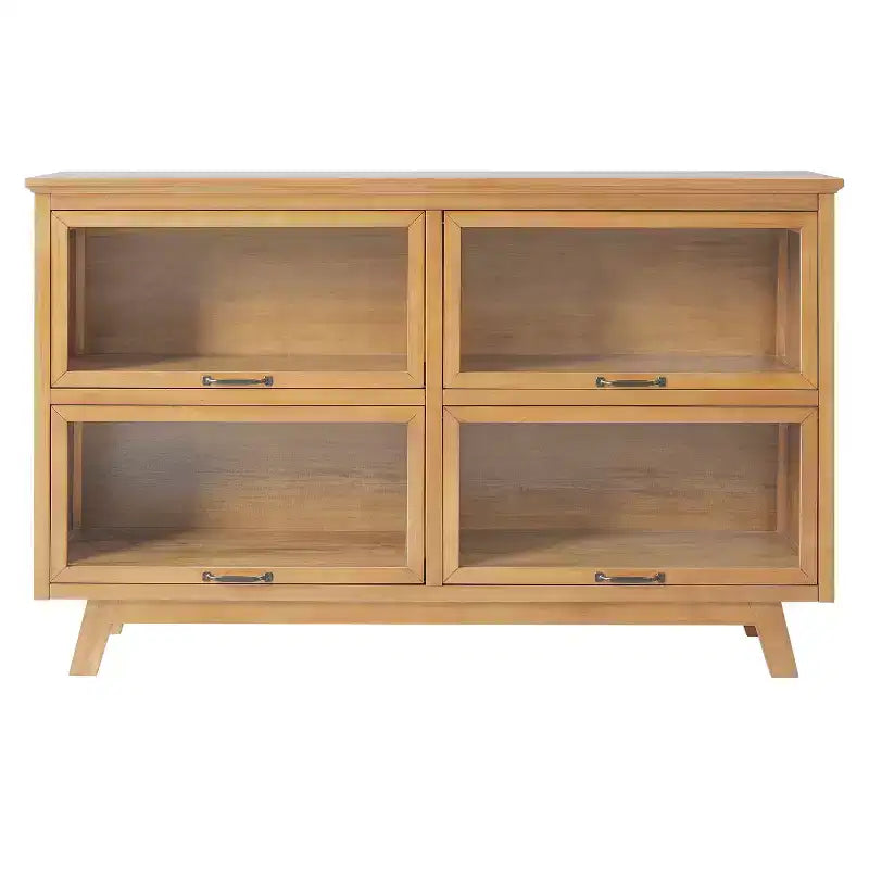 Bahut vitré 4 portes en chêne naturel, style scandinave moderne du milieu du siècle