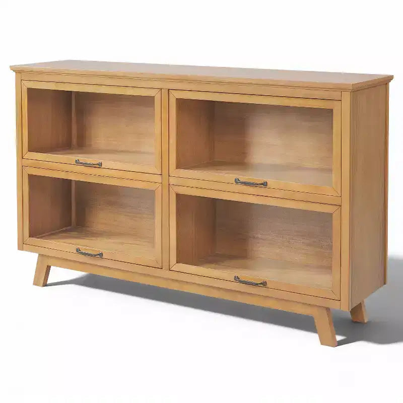 Bahut vitré 4 portes en chêne naturel, style scandinave moderne du milieu du siècle