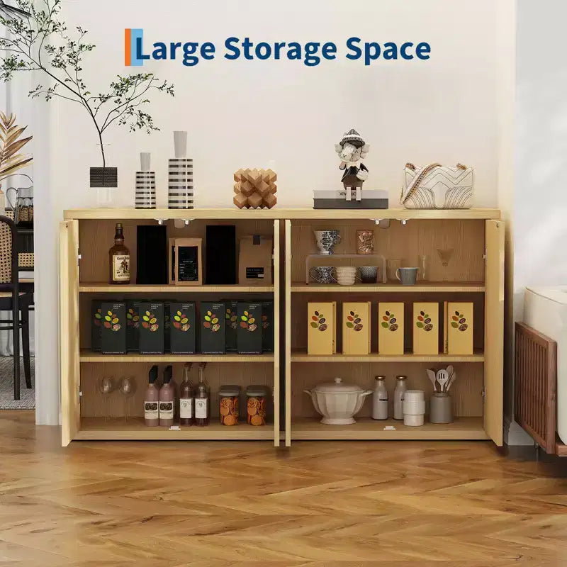 Buffet en chêne naturel cannelé, 4 portes, monobloc
