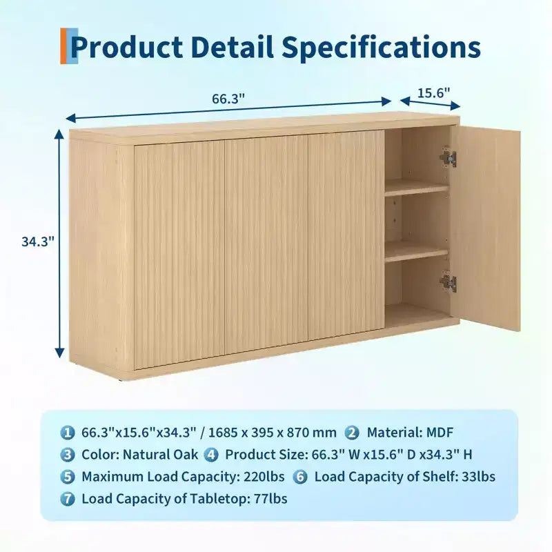 Buffet en chêne naturel cannelé, 4 portes, monobloc