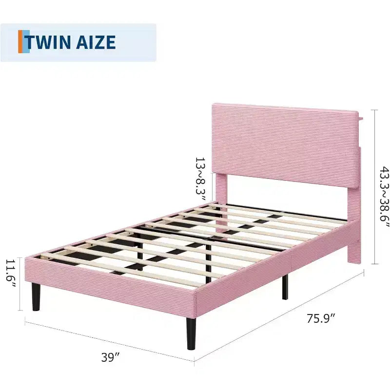 Lit plateforme double en velours côtelé rose avec tête de lit de rangement et station de chargement, pour 1
