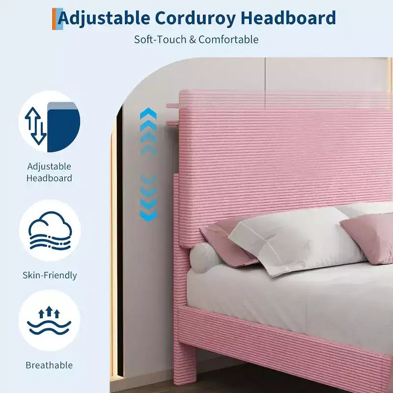 Lit plateforme double en velours côtelé rose avec tête de lit de rangement et station de chargement, pour 1