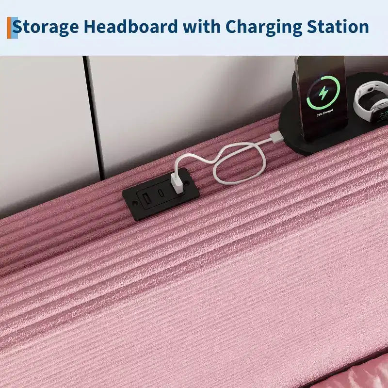 Lit plateforme double en velours côtelé rose avec tête de lit de rangement et station de chargement, pour 1