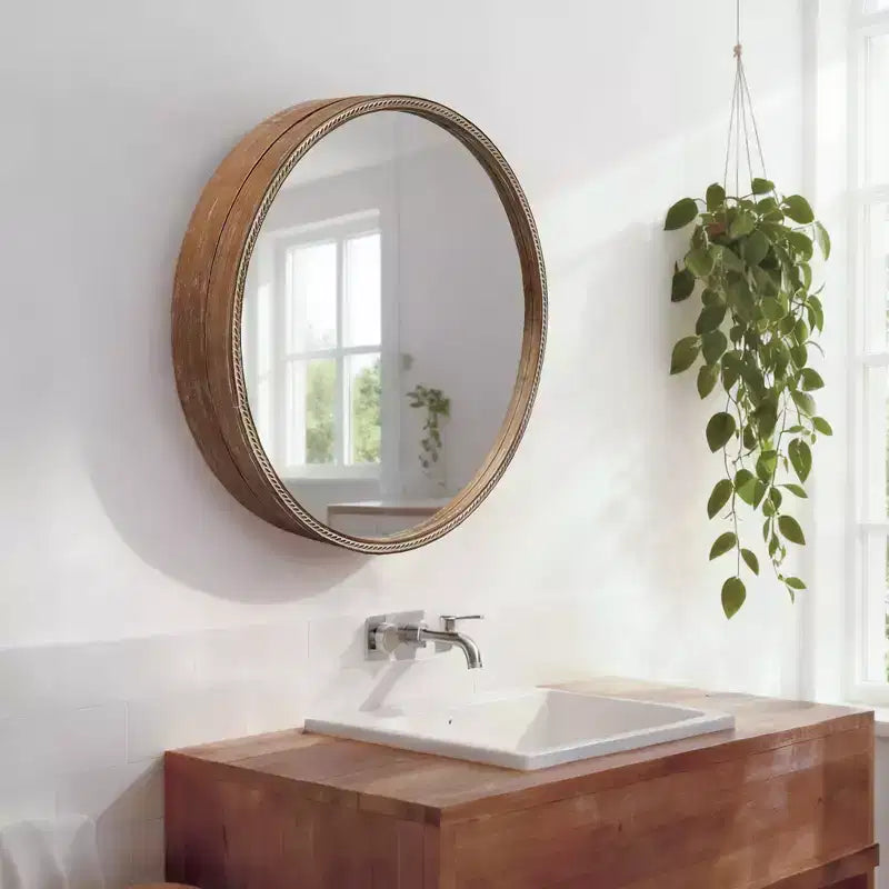 Miroir mural rond marron avec armoire de rangement coulissante, 1 pièce