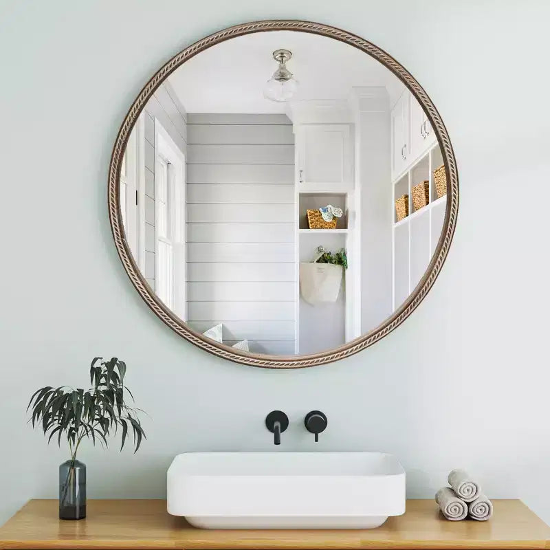 Miroir mural rond marron avec armoire de rangement coulissante, 1 pièce