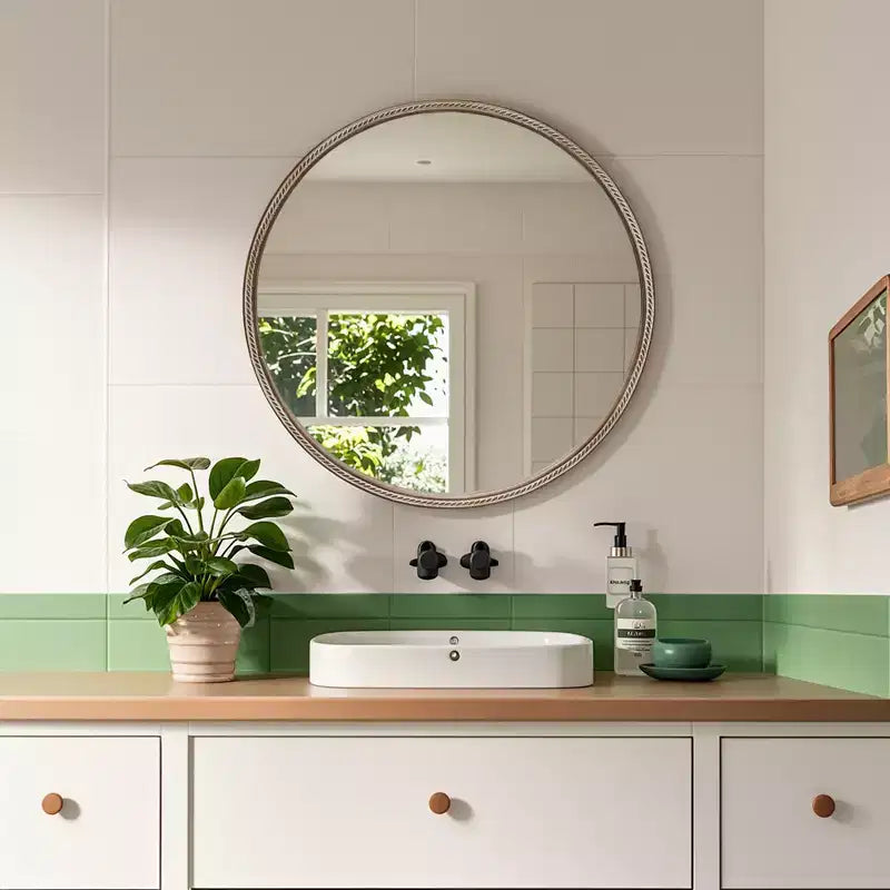 Miroir mural rond marron avec armoire de rangement coulissante, 1 pièce