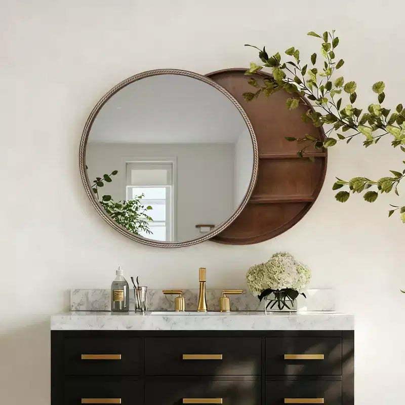 Miroir mural rond marron avec armoire de rangement coulissante, 1 pièce