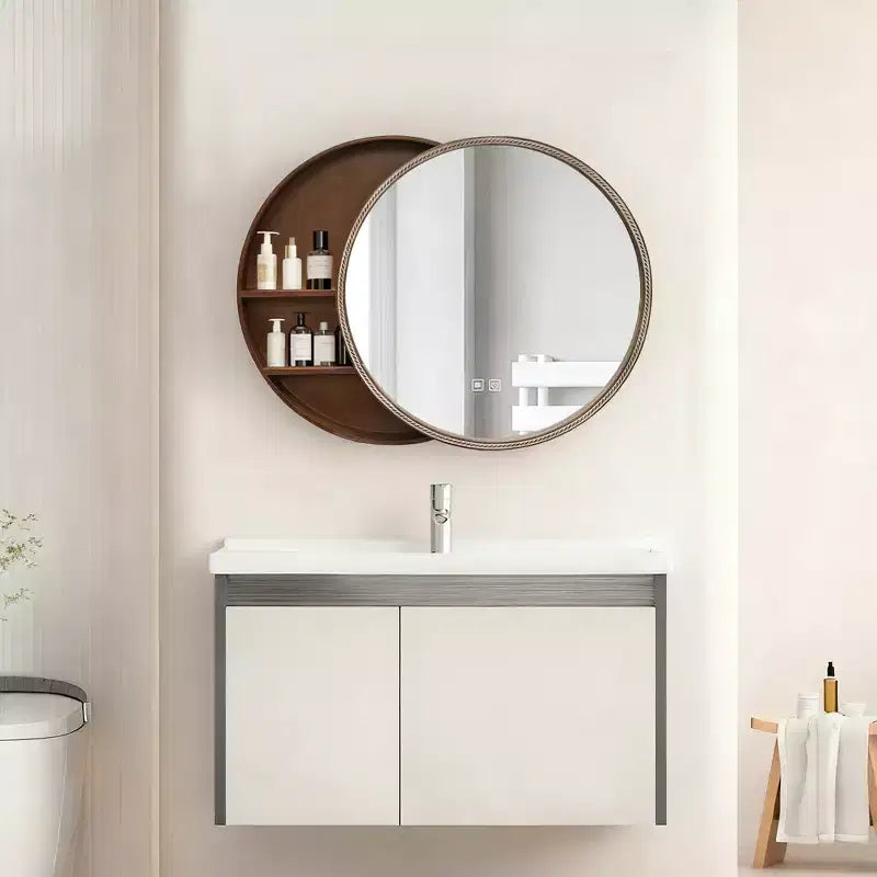 Miroir mural rond marron avec armoire de rangement coulissante, 1 pièce