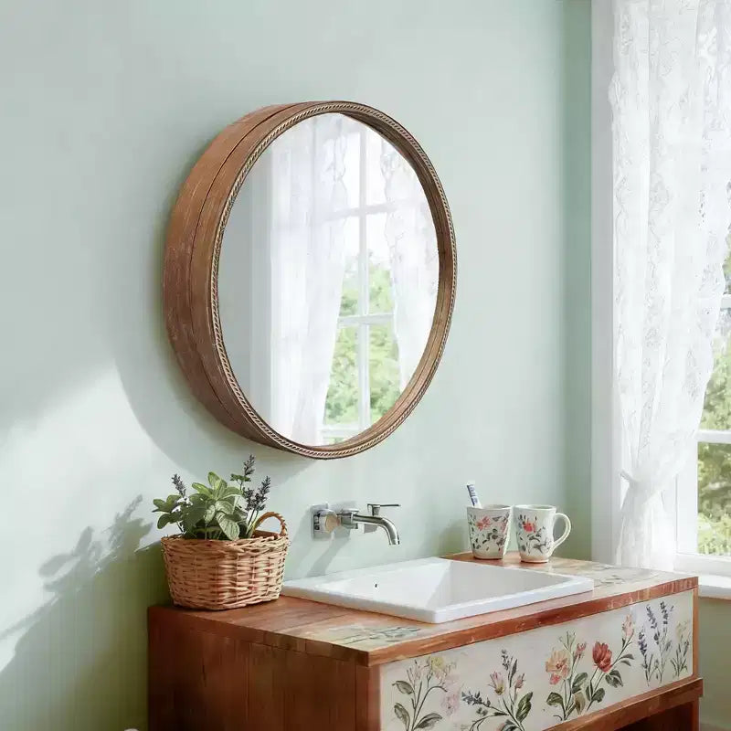 Miroir mural rond marron avec armoire de rangement coulissante, 1 pièce