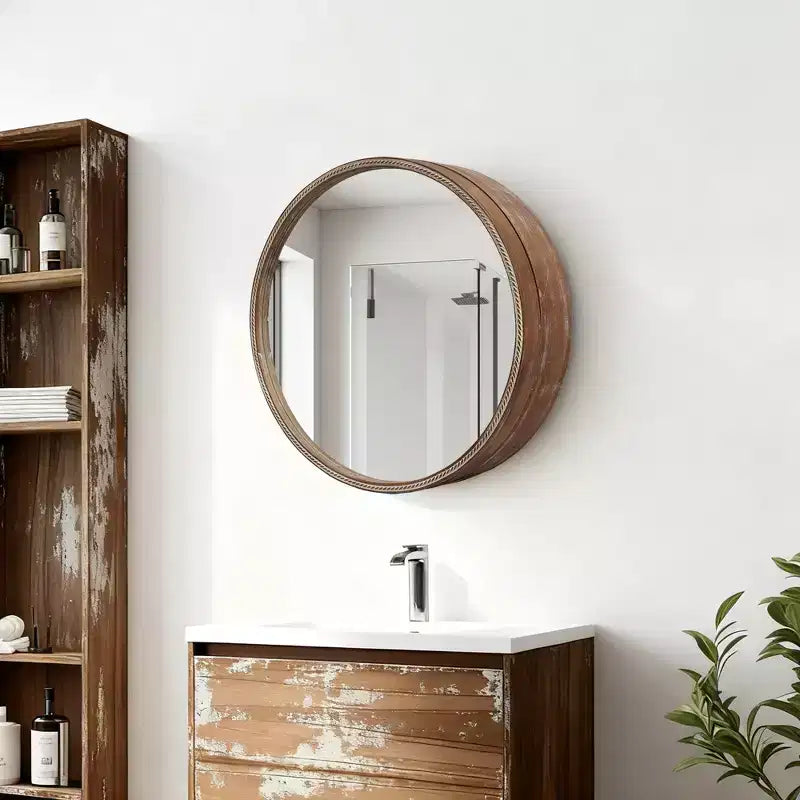 Miroir mural rond marron avec armoire de rangement coulissante, 1 pièce