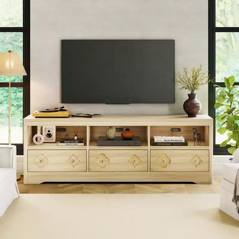 Meuble TV Mid-Century marron/blanc avec tiroir sculpté, 1 ou 2 étagères, convient aux téléviseurs jusqu'à 85 pouces
