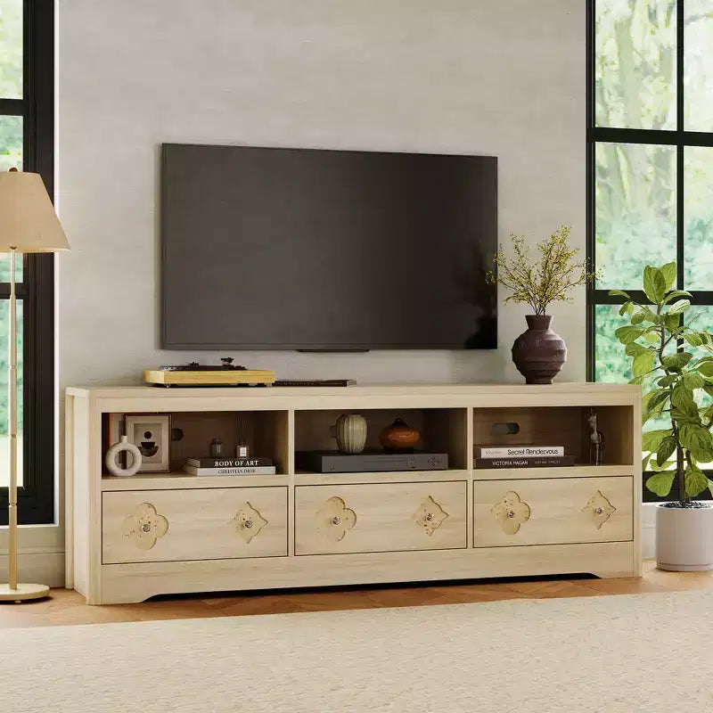Meuble TV Mid-Century marron/blanc avec tiroir sculpté, 1 ou 2 étagères, convient aux téléviseurs jusqu'à 85 pouces