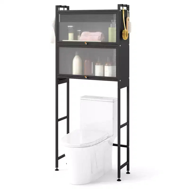 Meuble de rangement pour toilettes noir/blanc avec 2 armoires à abattant et 4 crochets, utilisation par 1 personne