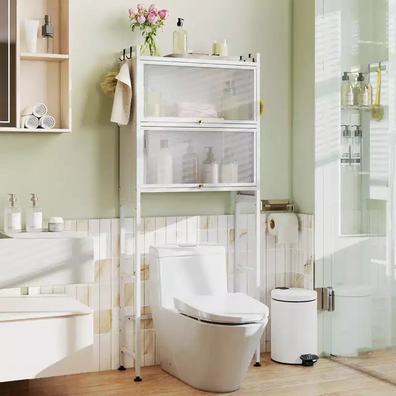 Meuble de rangement pour toilettes noir/blanc avec 2 armoires à abattant et 4 crochets, utilisation par 1 personne