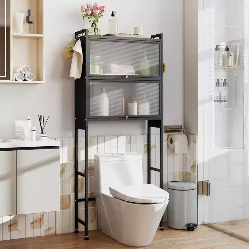 Meuble de rangement pour toilettes noir/blanc avec 2 armoires à abattant et 4 crochets, utilisation par 1 personne