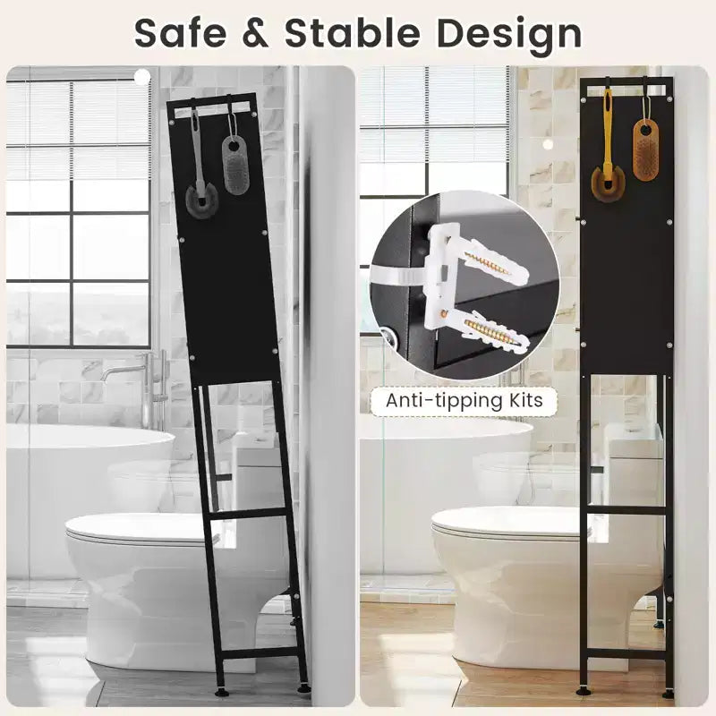 Meuble de rangement pour toilettes noir/blanc avec 2 armoires à abattant et 4 crochets, utilisation par 1 personne