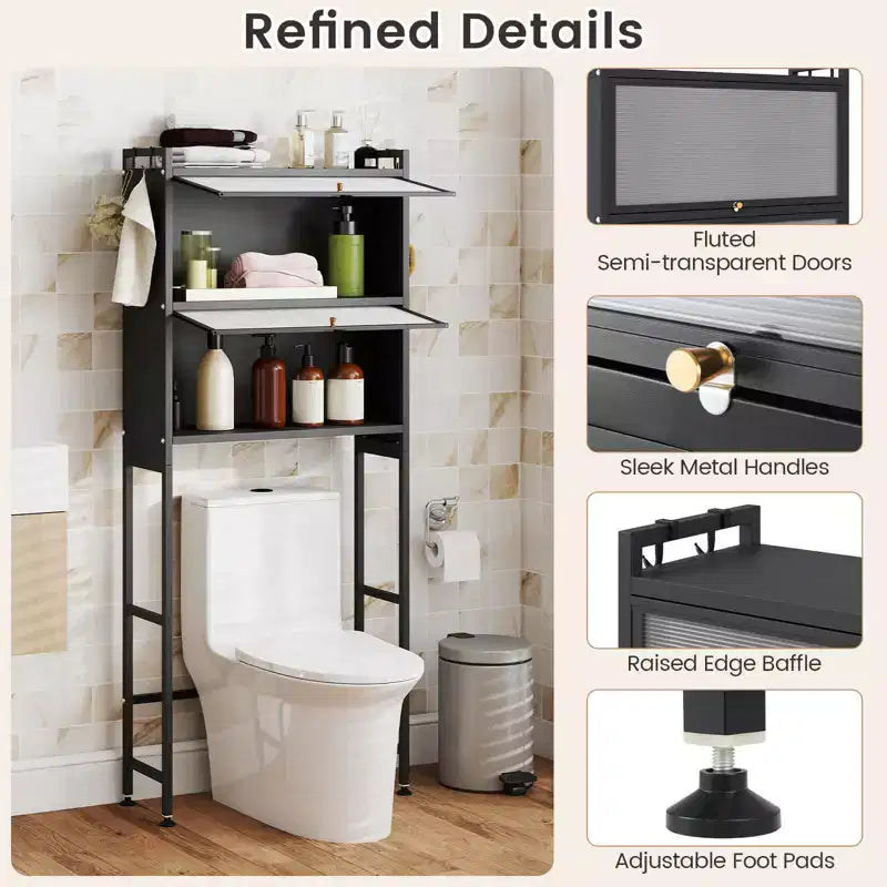 Meuble de rangement pour toilettes noir/blanc avec 2 armoires à abattant et 4 crochets, utilisation par 1 personne