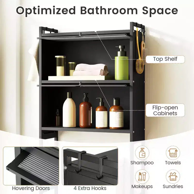 Meuble de rangement pour toilettes noir/blanc avec 2 armoires à abattant et 4 crochets, utilisation par 1 personne