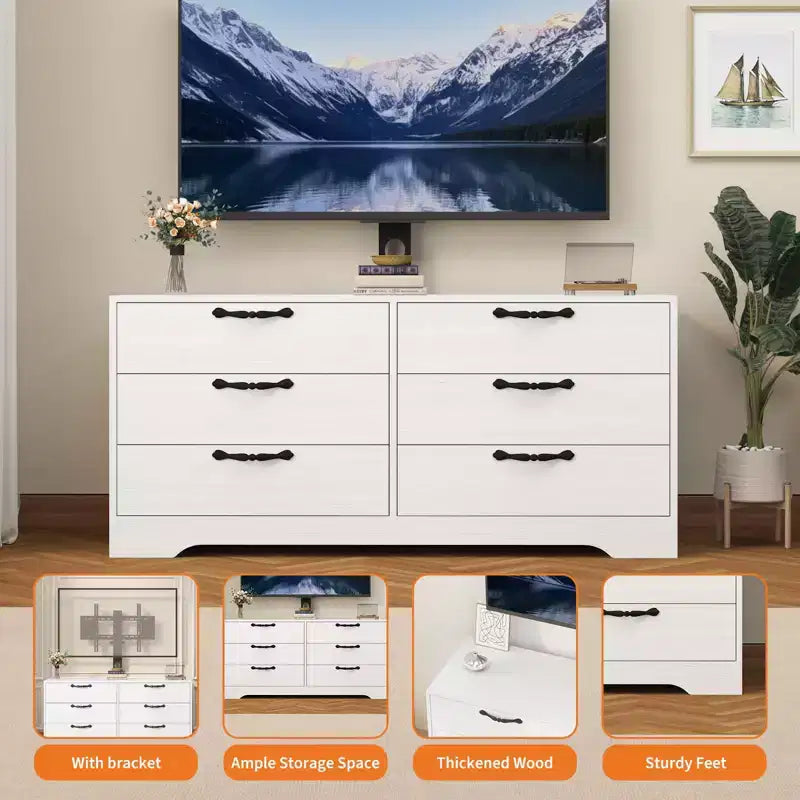 Meuble TV noir/blanc 6 tiroirs en bois avec support réglable, pour 1 pièce