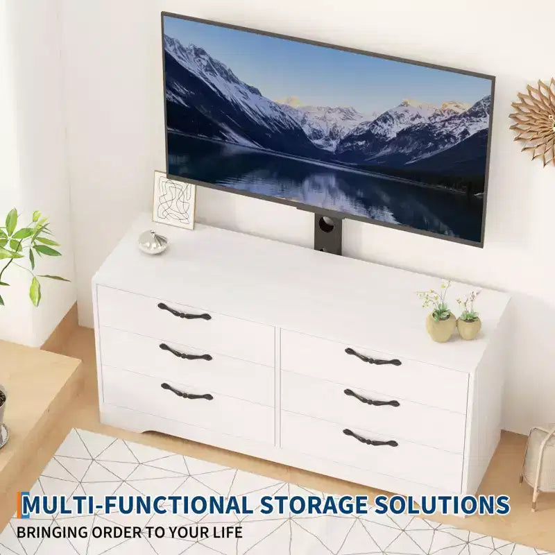 Meuble TV noir/blanc 6 tiroirs en bois avec support réglable, pour 1 pièce