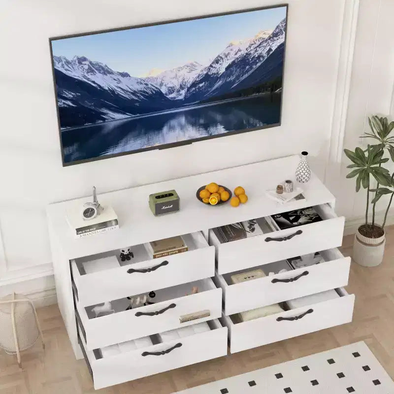 Meuble TV noir/blanc 6 tiroirs en bois avec support réglable, pour 1 pièce