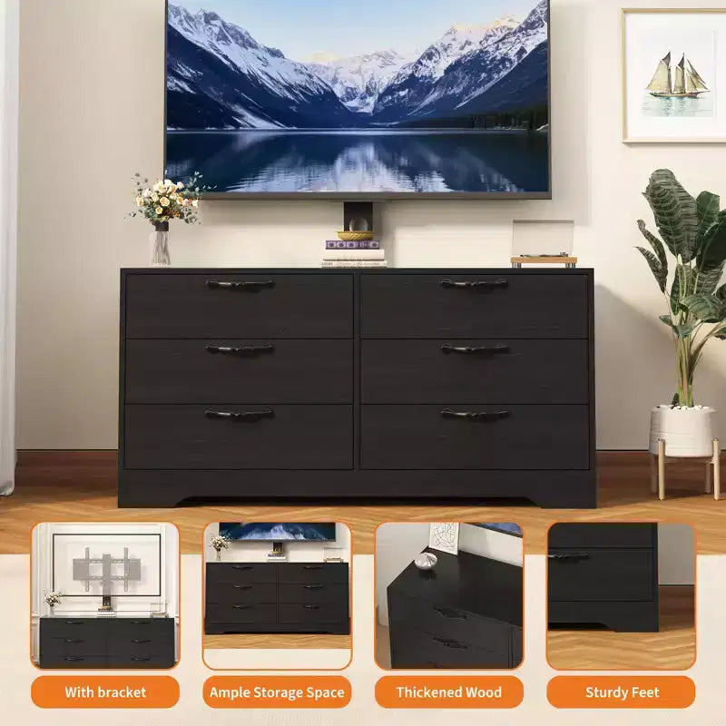 Meuble TV noir/blanc 6 tiroirs en bois avec support réglable, pour 1 pièce