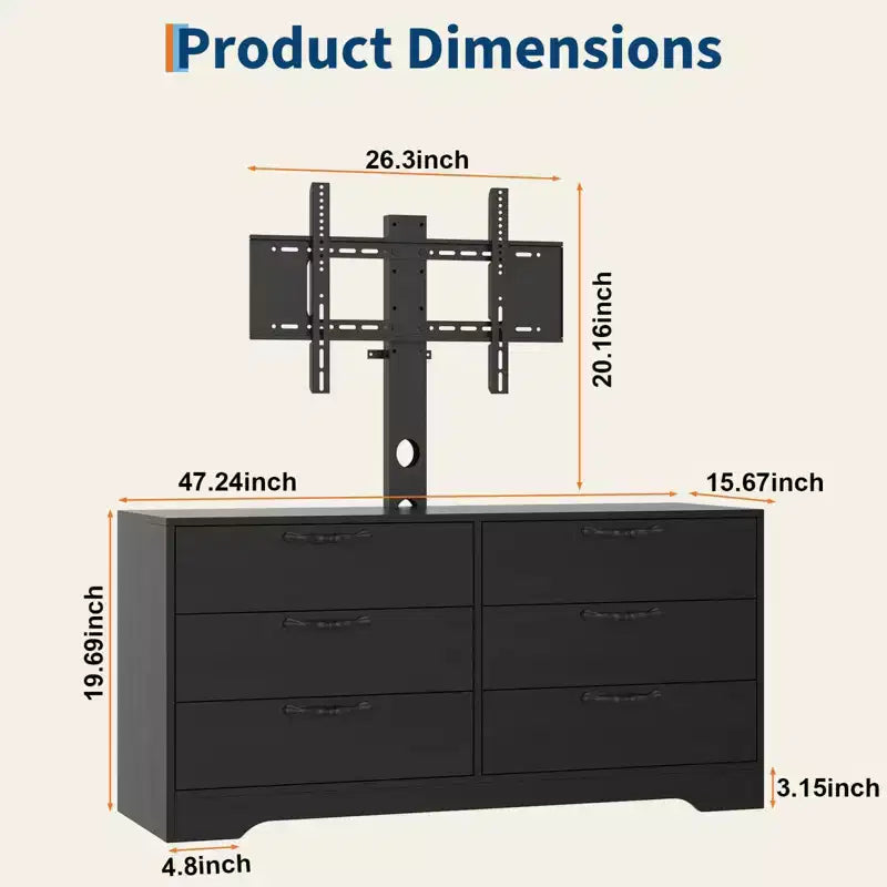 Meuble TV noir/blanc 6 tiroirs en bois avec support réglable, pour 1 pièce