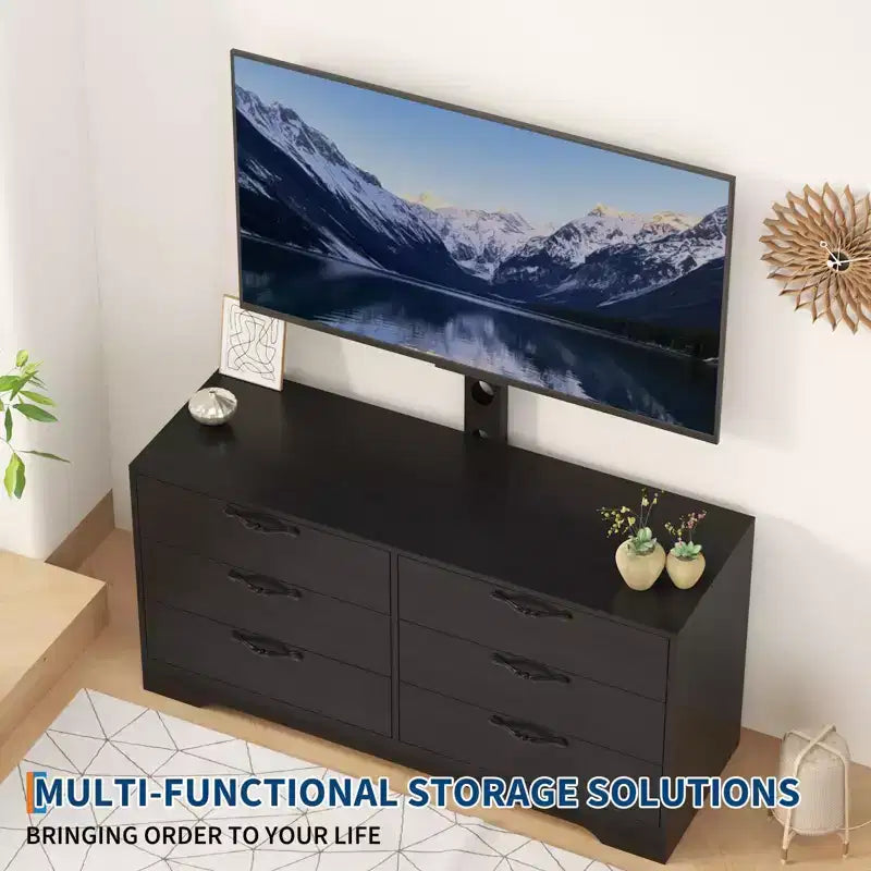 Meuble TV noir/blanc 6 tiroirs en bois avec support réglable, pour 1 pièce