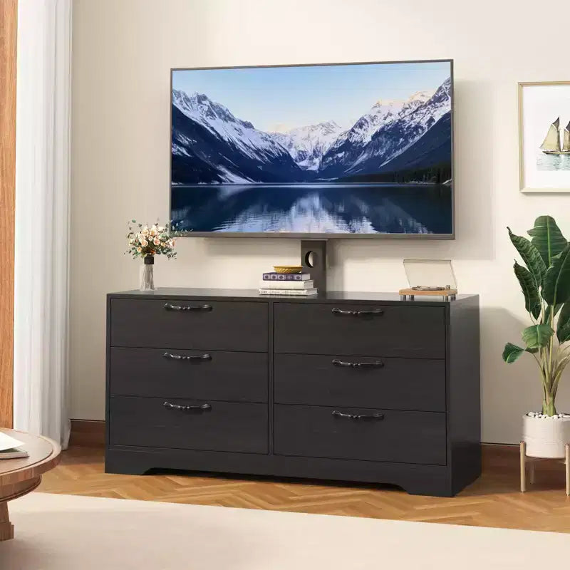 Meuble TV noir/blanc 6 tiroirs en bois avec support réglable, pour 1 pièce