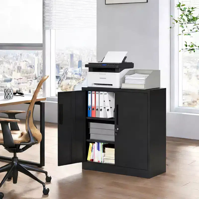 Armoire de rangement métallique noire à 2 portes avec serrure, 2 étagères réglables