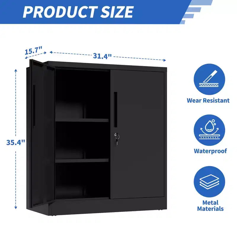 Armoire de rangement métallique noire à 2 portes avec serrure, 2 étagères réglables
