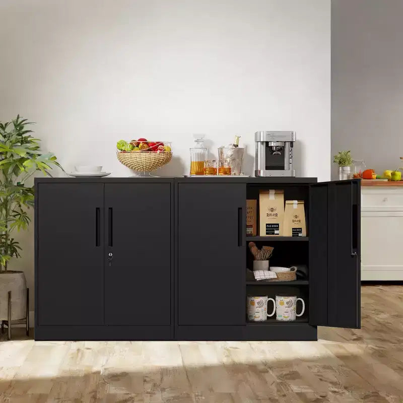 Armoire de rangement métallique noire à 2 portes avec serrure, 2 étagères réglables