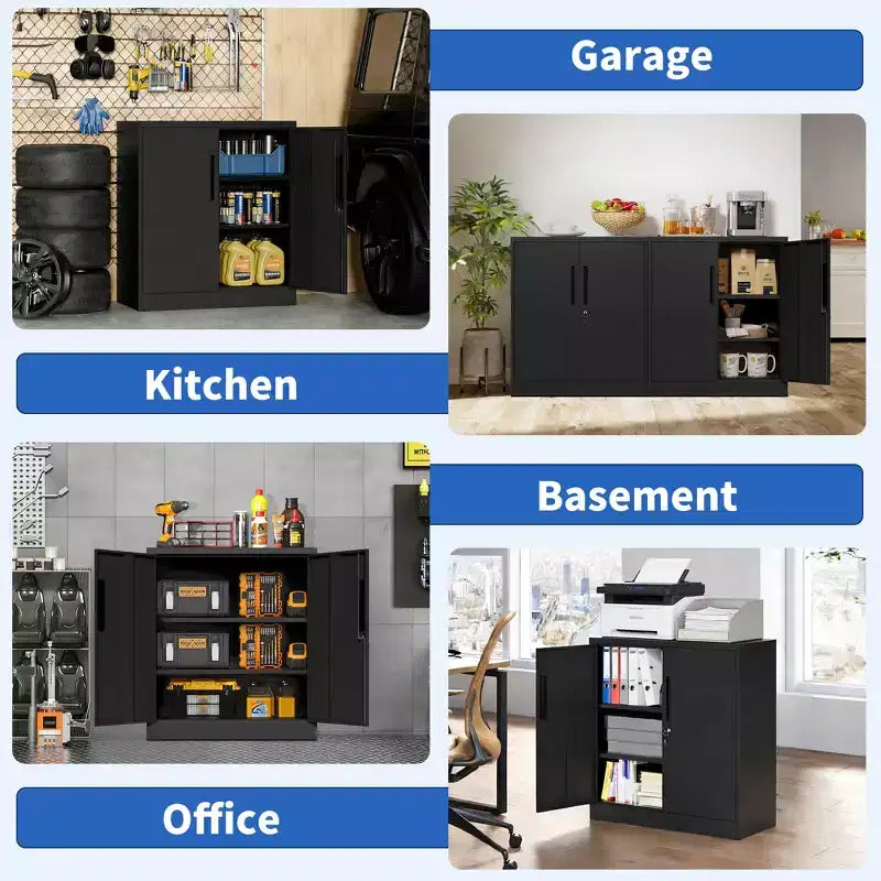 Armoire de rangement métallique noire à 2 portes avec serrure, 2 étagères réglables