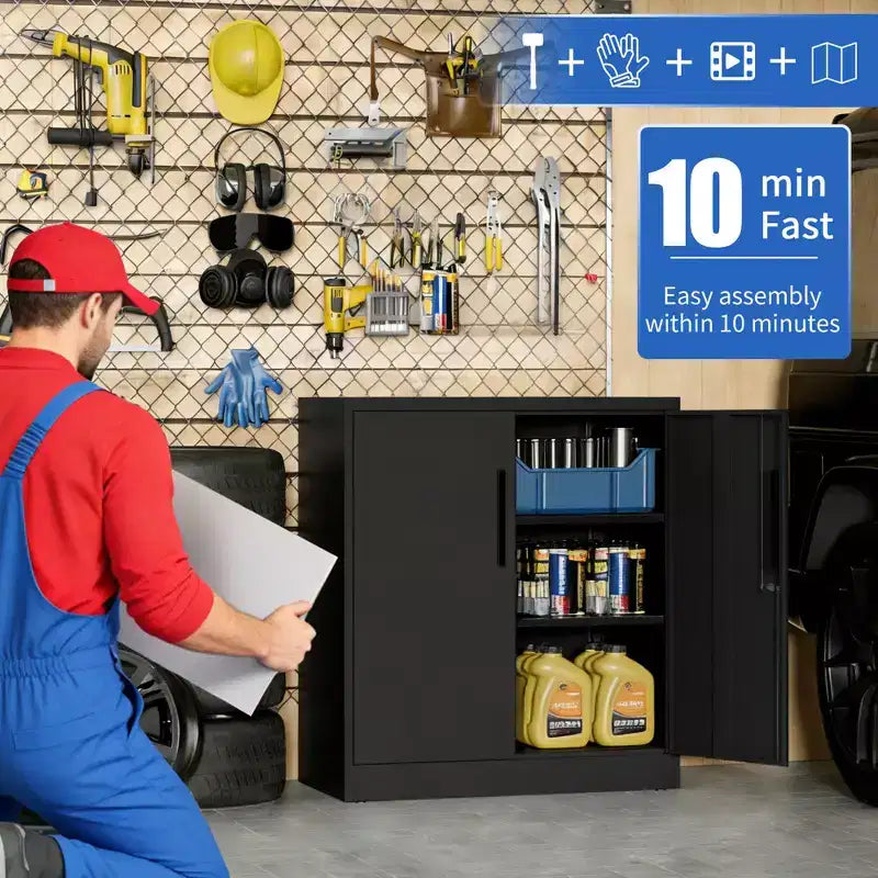 Armoire de rangement métallique noire à 2 portes avec serrure, 2 étagères réglables