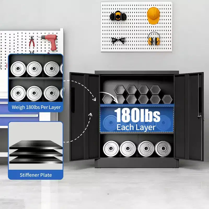 Armoire de rangement métallique noire à 2 portes avec serrure, 2 étagères réglables