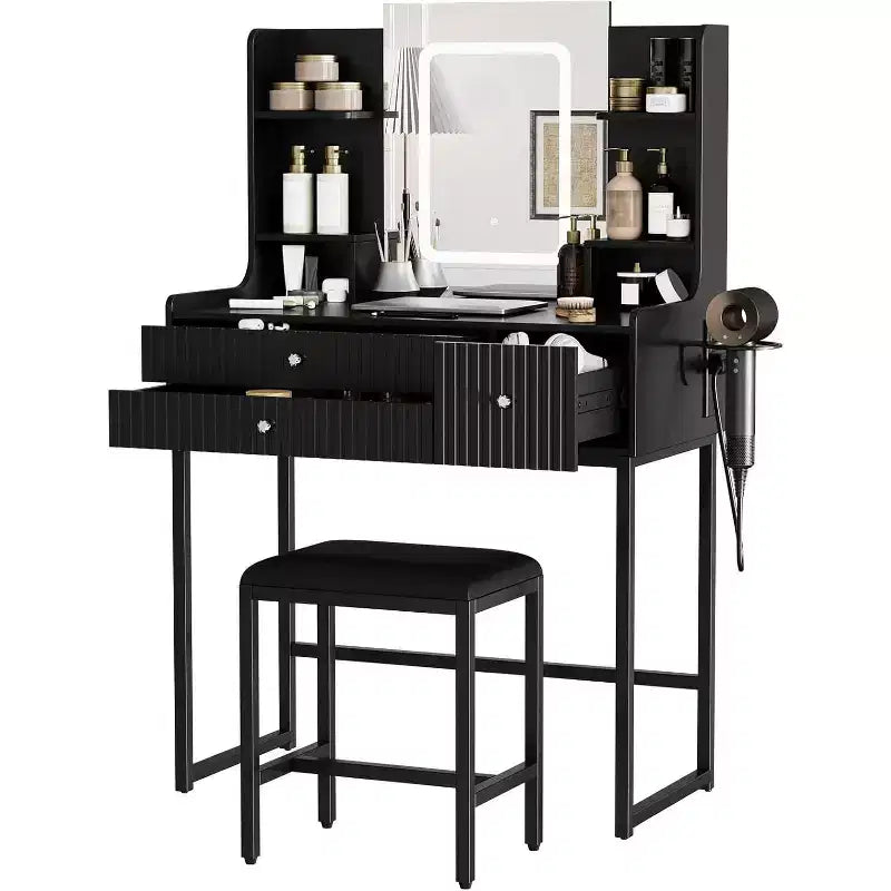 Coiffeuse noire avec miroir lumineux et tabouret, 1 personne