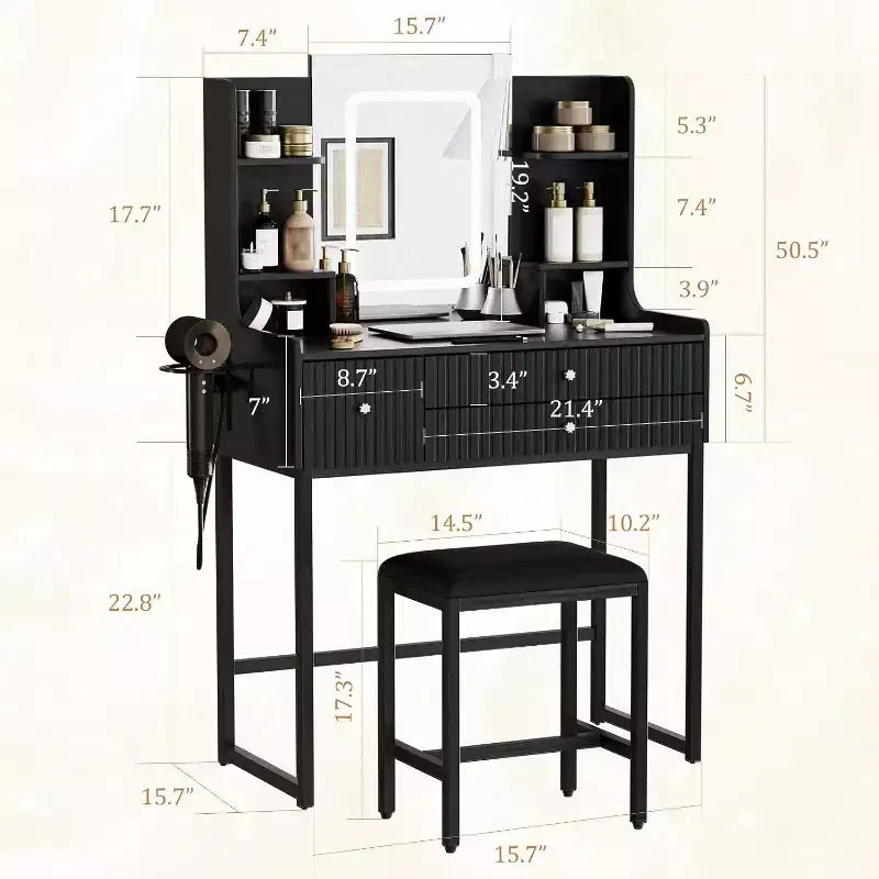 Coiffeuse noire avec miroir lumineux et tabouret, 1 personne