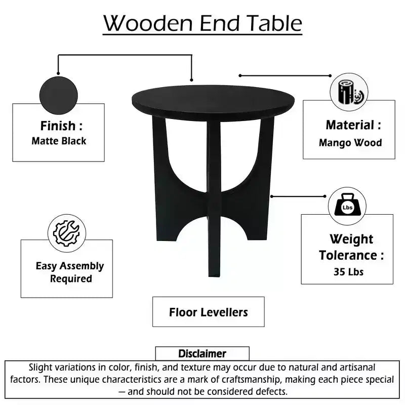 Table d'appoint ronde noire, pieds incurvés, usage individuel, bois de manguier, 50 cm