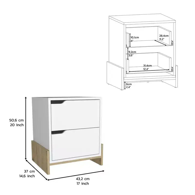Table de chevet 2 tiroirs blanc et bois clair, 1 personne