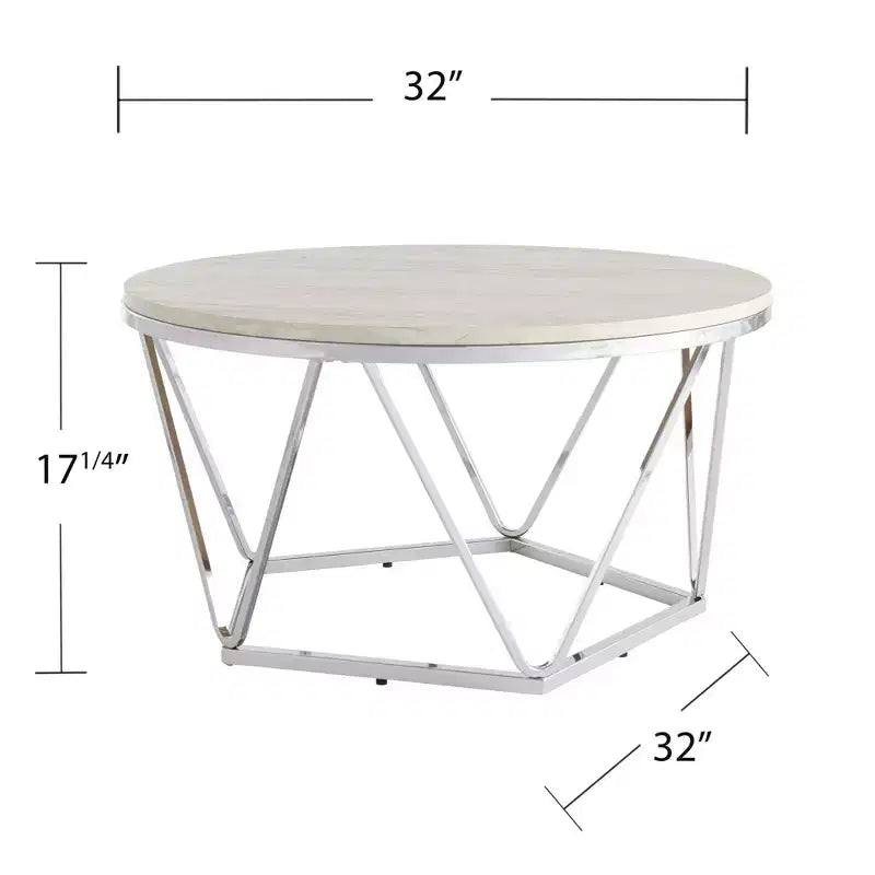 Table basse ronde argentée, structure en métal et plateau en pierre, 1 pièce