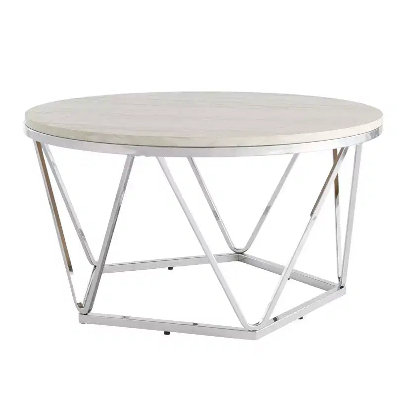 Table basse ronde argentée, structure en métal et plateau en pierre, 1 pièce
