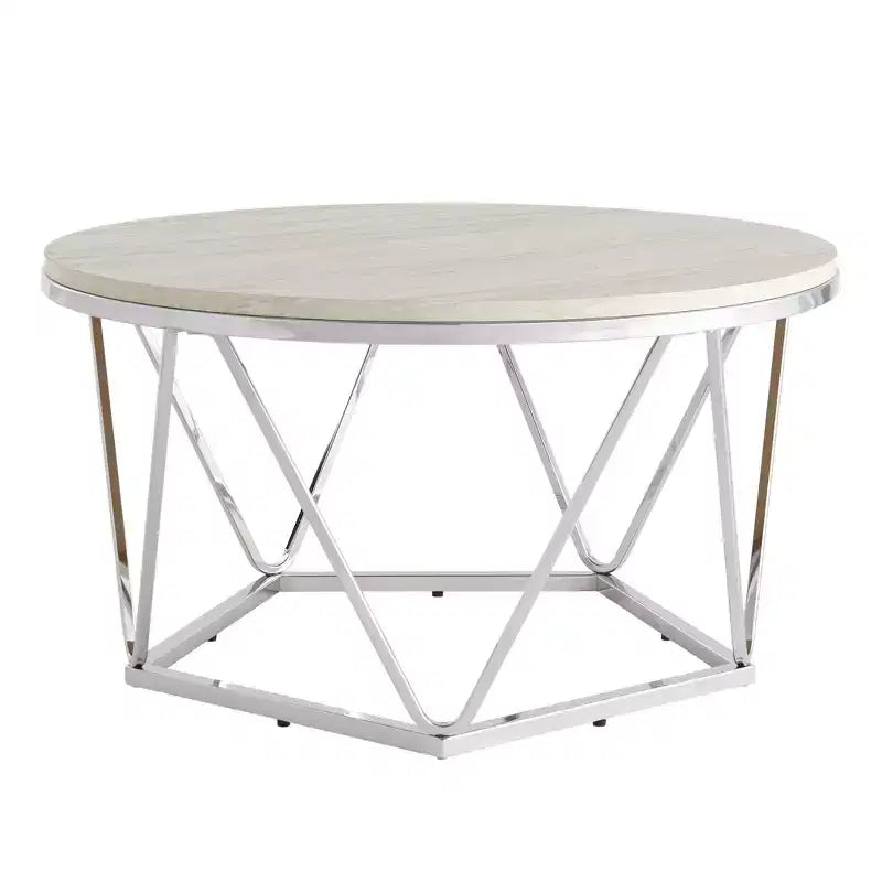 Table basse ronde argentée, structure en métal et plateau en pierre, 1 pièce