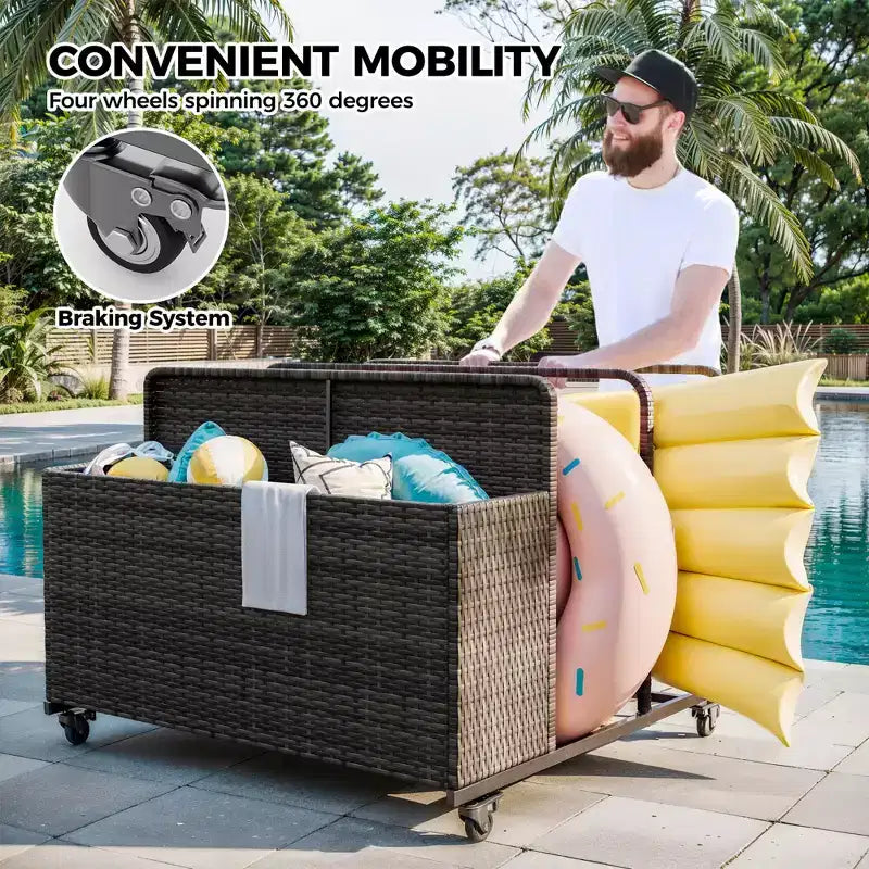 Chariot de rangement à roulettes noir/marron/gris pour flotteurs de piscine, organiseur de rangement en rotin à 3 compartiments, pour usage familial